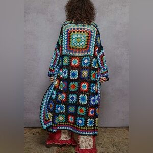 POL Boho Crochet Cardigan Turquoise & Black Granny Square Sweater